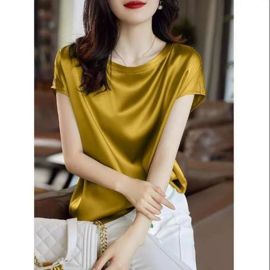 S-4XL Solid Silk Thin Short Sleeve Tees Slip Woman Summer Clothes Elegant Black Brown Tops Solid Loose Casual Korean Style